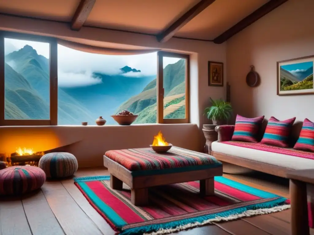 Ambiente acogedor de un homestay peruano con textiles tradicionales y arte andino, chimenea cálida y vista a las montañas