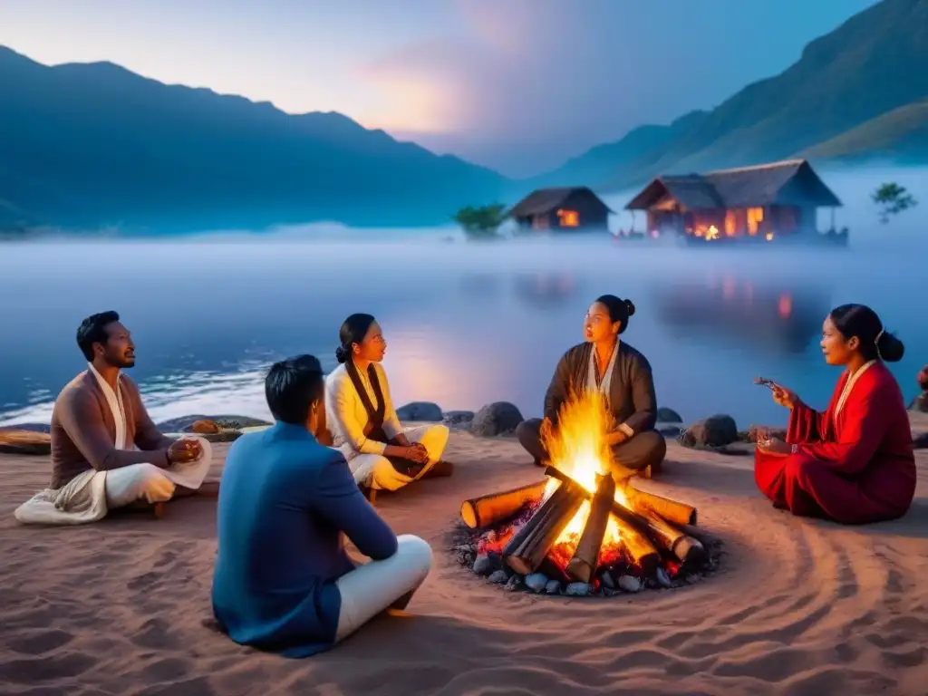 Escena de hogar tranquilo y cultural junto a la fogata bajo las estrellas Un ambiente acogedor de intercambio cultural y storytelling en una noche estrellada alrededor de una fogata