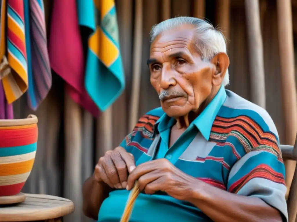 Artesana indígena tejendo tradición: imagen en alta resolución Un anciano artesano indígena sudamericano tejiendo con destreza, rodeado de textiles y cerámica coloridos