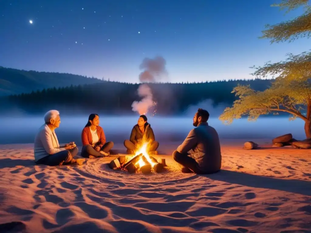 Narraciones nocturnas alrededor del fuego: conexión y calidez Un anciano cuenta cuentos a un grupo de viajeros alrededor de una fogata bajo un cielo estrellado