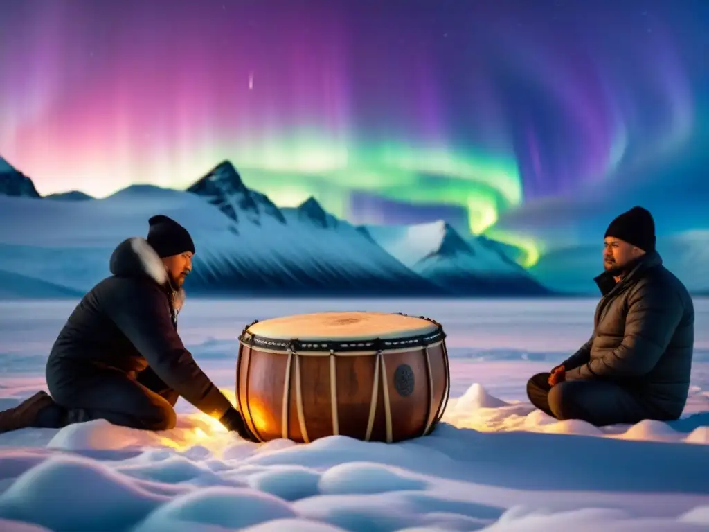 Un anciano toca un tambor inuit ricamente tallado, rodeado de su comunidad, en un paisaje ártico iluminado por la aurora boreal