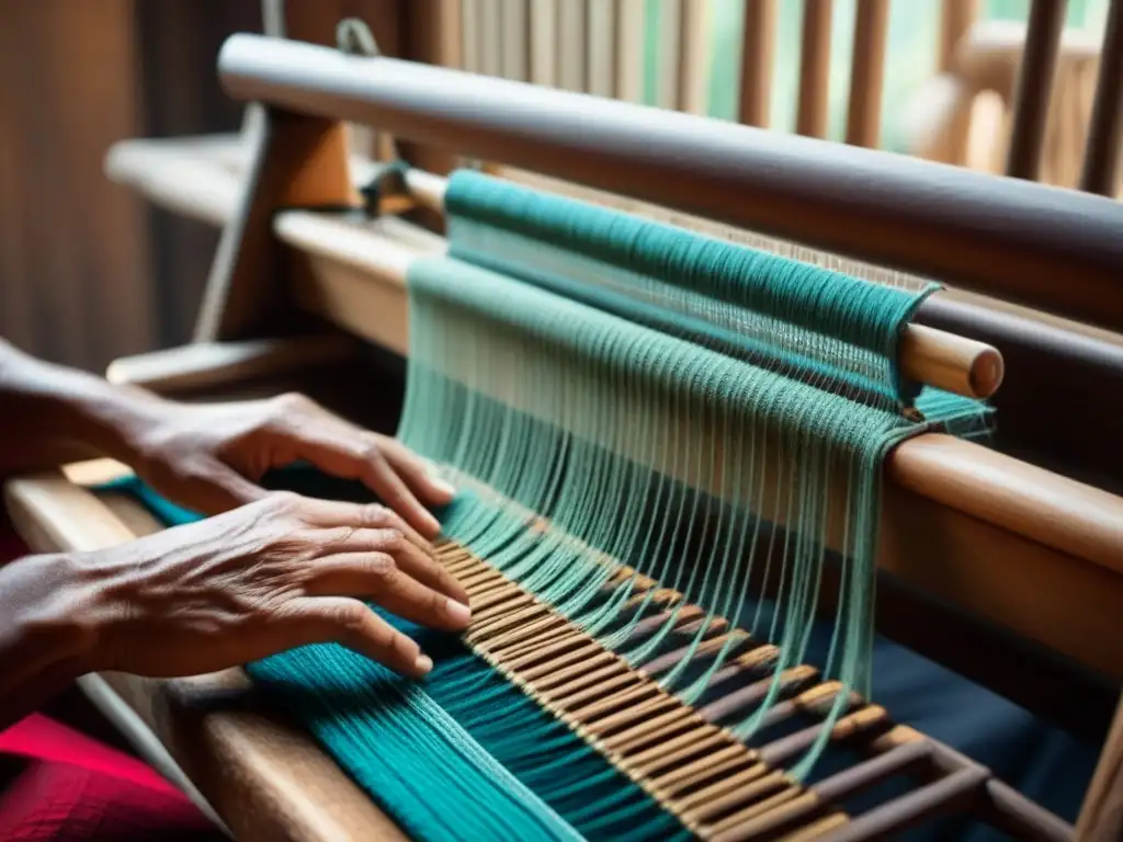 Tejido ancestral: manos expertas crean arte textil vibrante Un anciano teje con maestría en un telar tradicional, creando un tapiz de colores y texturas