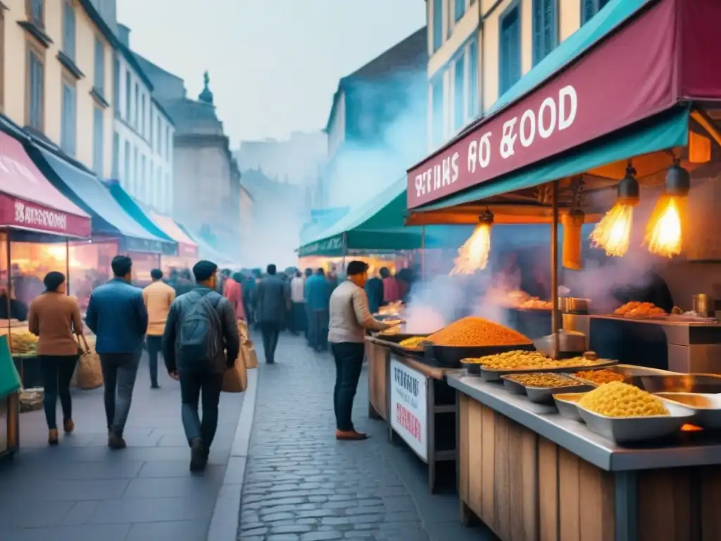 Una animada calle gastronómica con vendedores preparando comida y clientes probando platos diversos