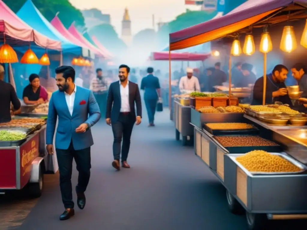 Una animada escena de mercado callejero con vendedores de comida global, clientes diversos y una atmósfera vibrante