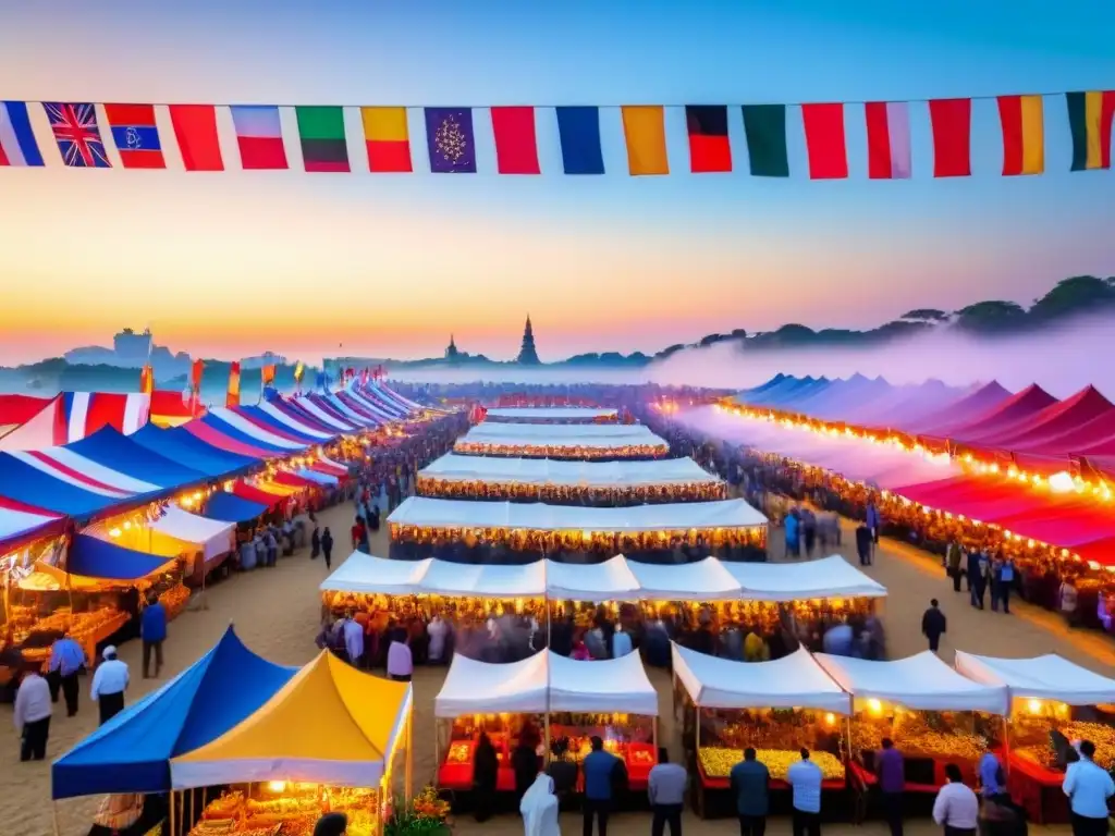 Colorida feria gastronómica internacional al atardecer Animado festival gastronómico con platos tradicionales internacionales y banderas, gente diversa disfrutando, atardecer cálido