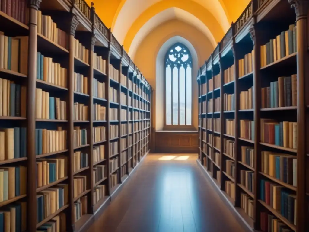 Antigua biblioteca llena de libros antiguos y cultura, bañada en luz dorada