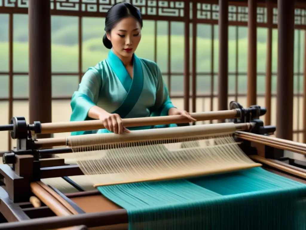 Telar de seda chino: tradición artesanal milenaria Antigua tradición de la historia de la seda china: delicada tela tejida en telar