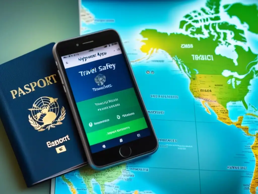 Aplicaciones seguridad viajes emergencias extranjero: Iconos elegantes en un smartphone junto a pasaporte y mapa mundial en tonos tranquilos