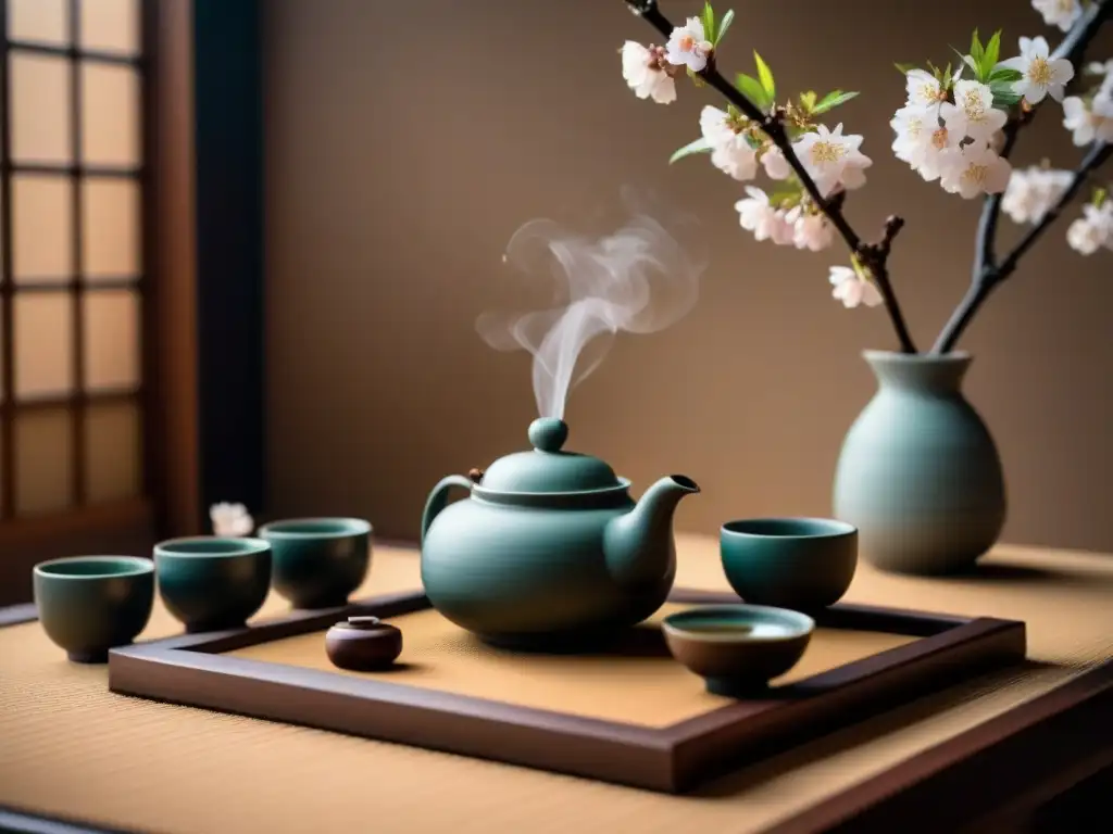 Armoniosa ceremonia del té japonés con flor de cerezo, simbolizando tranquilidad y elegancia