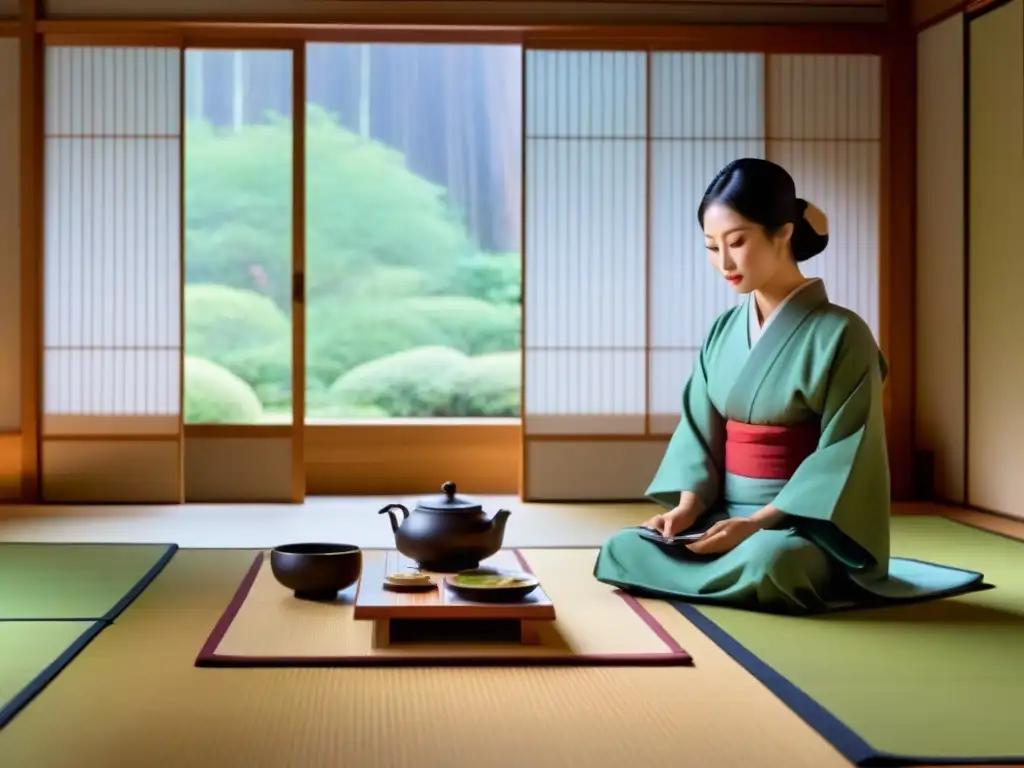 Armoniosa ceremonia del té japonés en sala de tatamis con luz natural, resaltando el valor de recibir en culturas