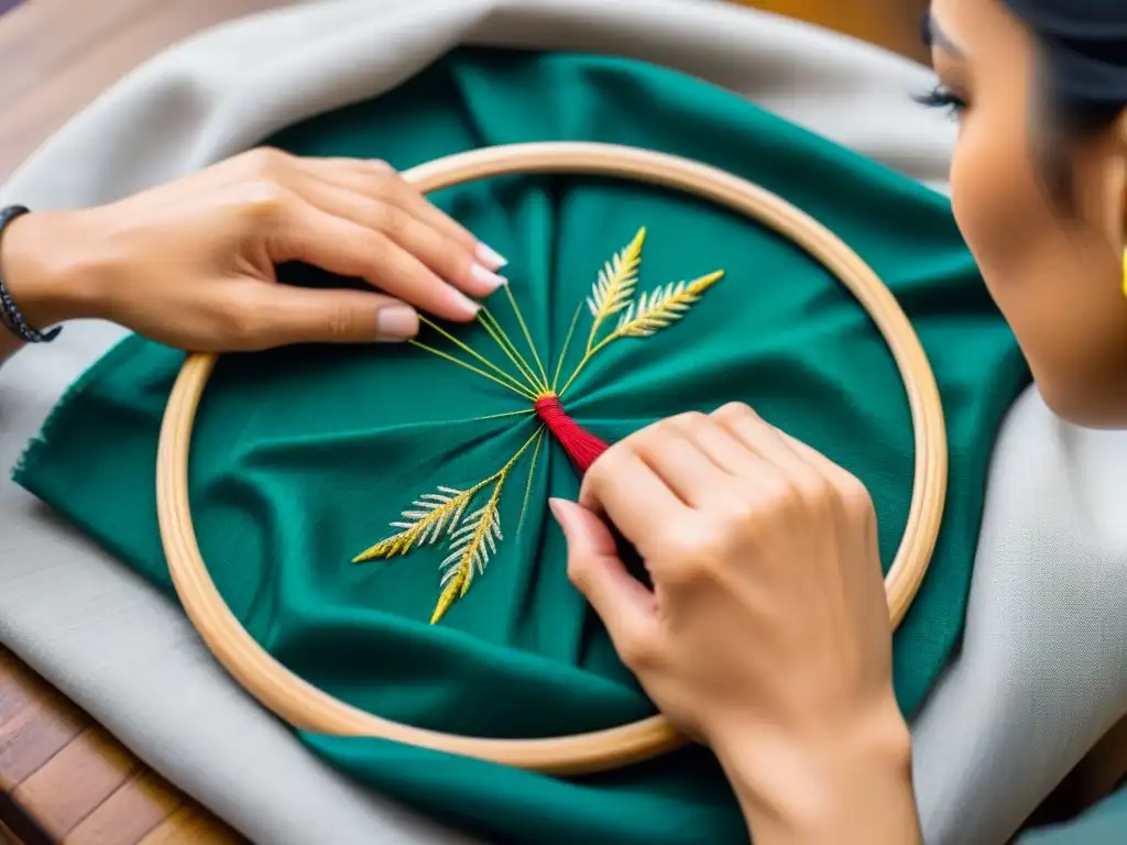 Arte tradicional: bordado vietnamita de precisión Arte del bordado a mano en Vietnam: Detalle de una artesana vietnamita bordando con precisión y coloridos hilos sobre un bastidor de tela tradicional