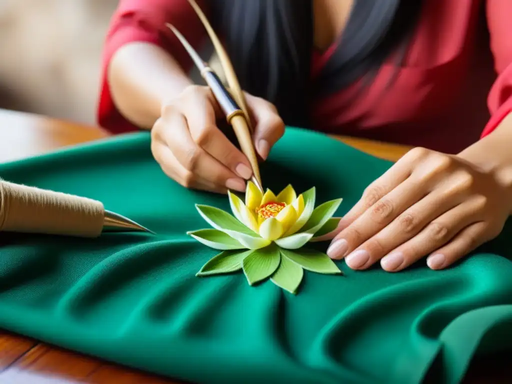 Artesana vietnamita bordando un loto con maestría Arte del bordado a mano en Vietnam: Un artesano vietnamita bordando con destreza un loto vibrante en tela, en un entorno sereno y minimalista