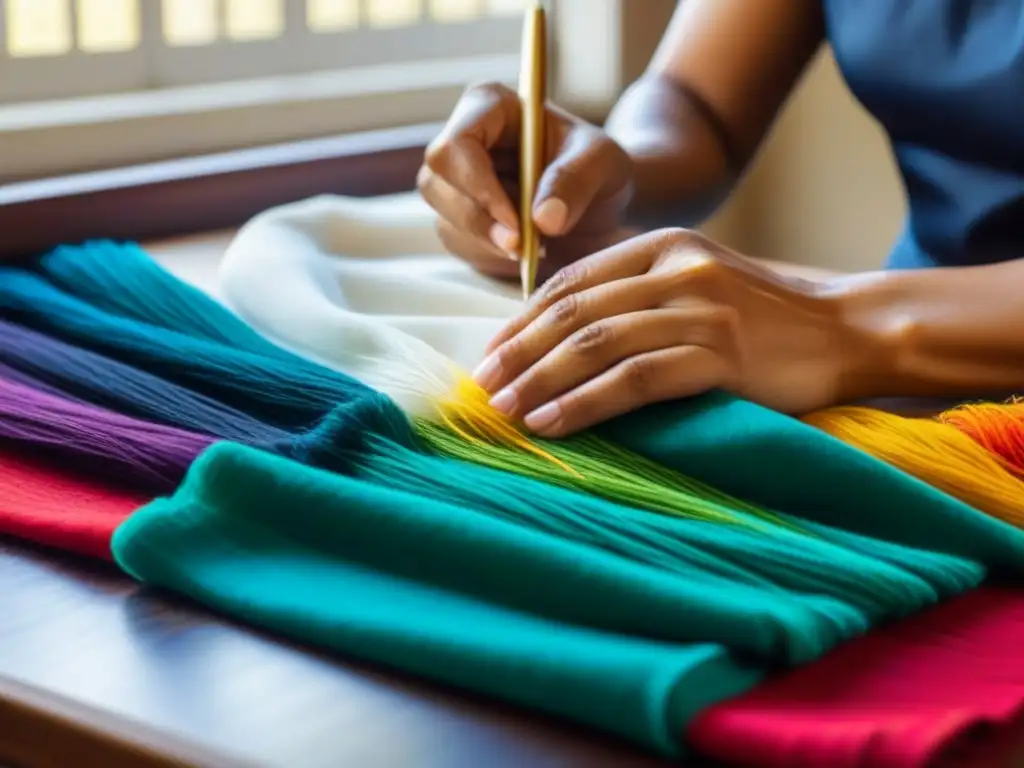 Artesana vietnamita bordando a mano: tradición y color Arte del bordado a mano en Vietnam: manos expertas crean coloridos patrones con hilos, iluminadas por la luz del sol