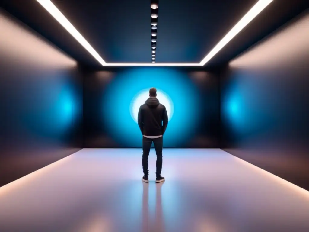 Galería digital futurista con arte vibrante en el aire Colección de arte digital en un futurista y minimalista galería de arte, con piezas brillantes en el aire