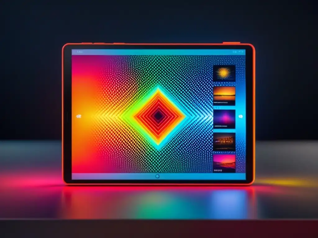 Arte digital vibrante en tablet moderna Coleccionar arte digital mientras viajas: Intrincados patrones geométricos en colores neón vibrantes en una pantalla de tablet moderna