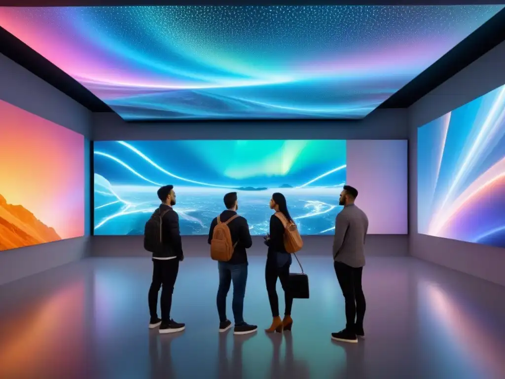 Viajeros admirando arte holográfico en galería futurista Coleccionar arte digital mientras viajas: Viajeros internacionales admiran instalación holográfica en galería futurista