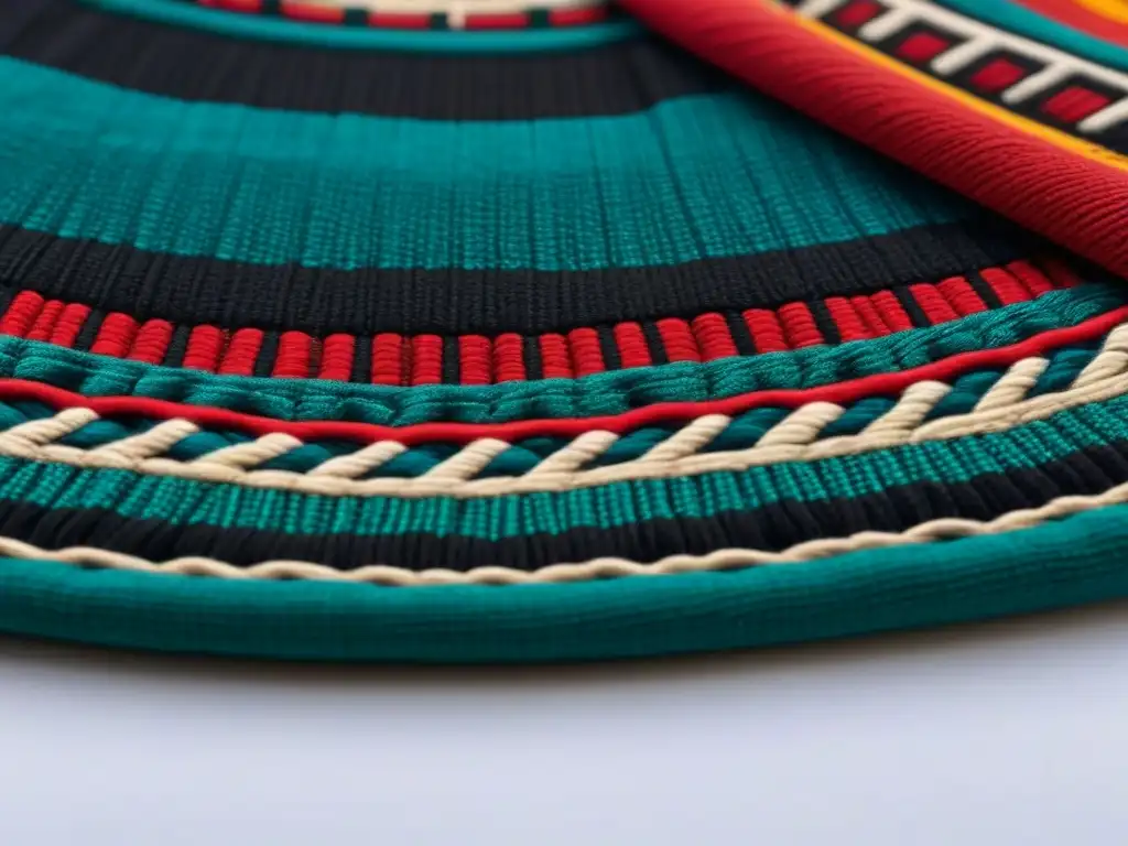 Arte textil indígena: detallada obra de colores vibrantes Arte indígena en homestays culturales: Textil vibrante con patrones geométricos y colores intensos en fondo blanco