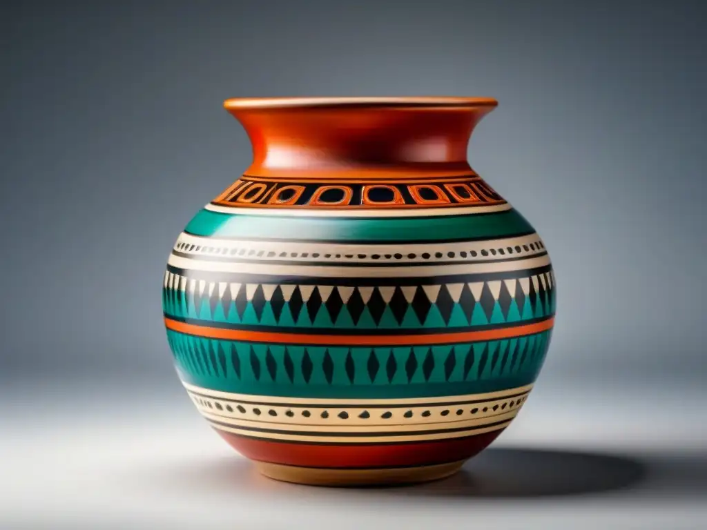 Arte indígena: cerámica tradicional detallada en 8k Arte indígena en homestays culturales: vasija artesanal con colores vibrantes y patrones geométricos sobre fondo blanco