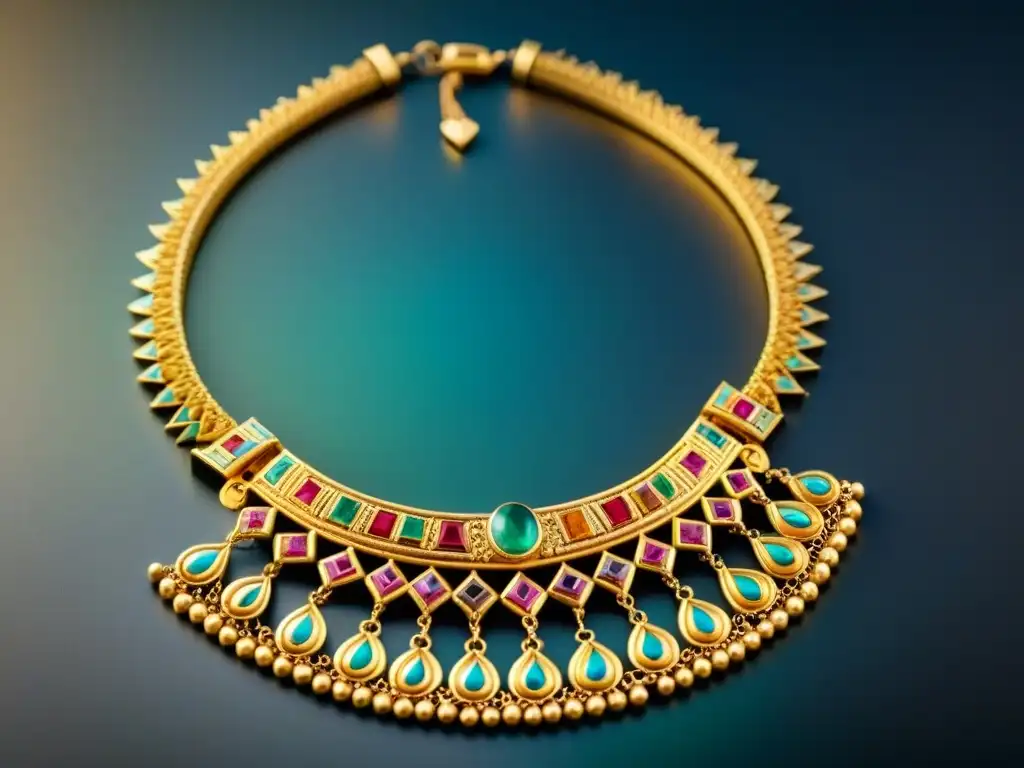 Arte orfebrería América precolombina: Detallado collar de oro inca con filigranas y gemas, resaltando su belleza