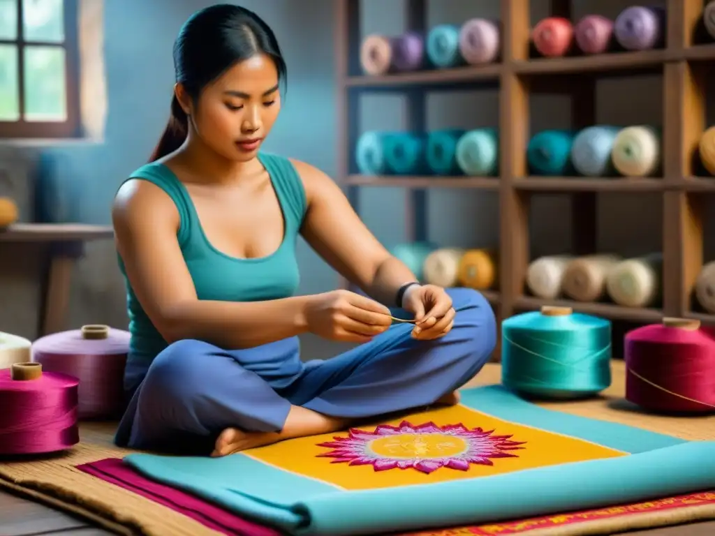 Artesana vietnamita bordando con maestría en vibrante tela Una artesana vietnamita bordando a mano en una escena serena