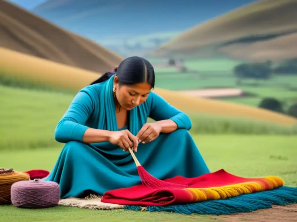 Artesano Andino tejiendo en paisaje rural Un artesano andino crea textiles vibrantes en un paisaje rural bajo un cielo azul claro