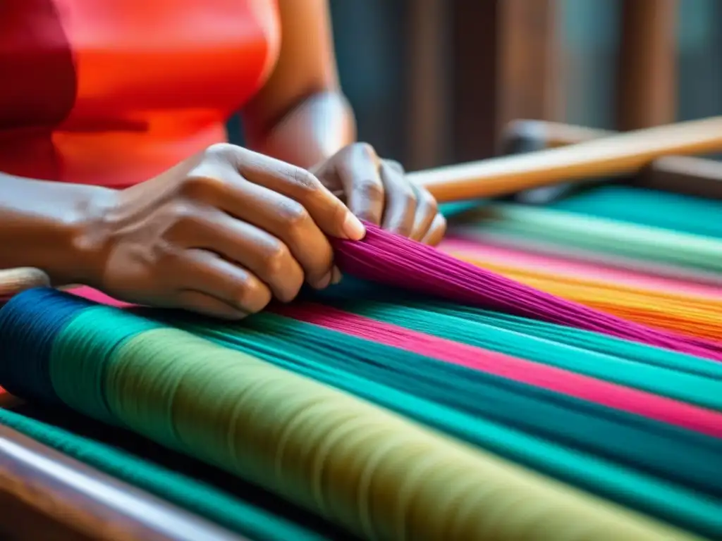 Artesano chino tejiendo seda con maestría: imagen serena y minimalista Un artesano chino hábil tejiendo patrones en seda brillante, rodeado de herramientas tradicionales y carretes de hilo de seda de colores vibrantes, capturando la historia y tradición de la seda china