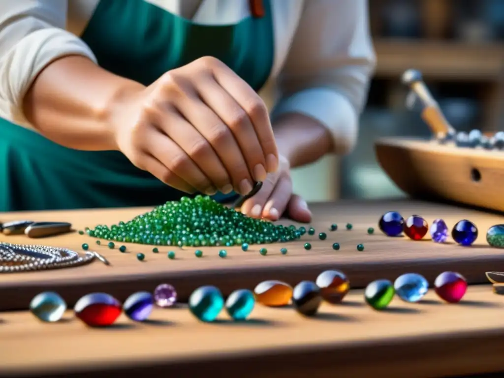 Un artesano experto creando joyería de diseñadores locales con gemas y herramientas coloridas en un banco de trabajo de madera