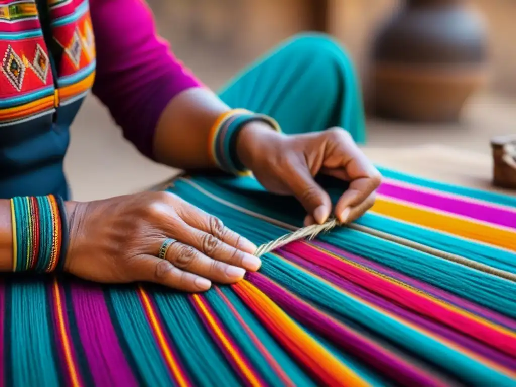 Artesanía Andina: Tejido Detallado con Hilos Vibrantes Un artesano teje hilos vibrantes en un textil andino, destacando la artesanía y cultura de Sudamérica