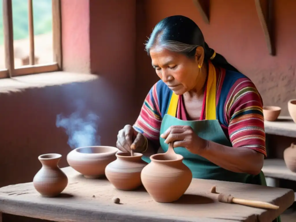 Artesanía tradicional: alfarero indígena en pueblo sudamericano Un artesano indígena crea delicadas piezas de cerámica en un pueblo sudamericano