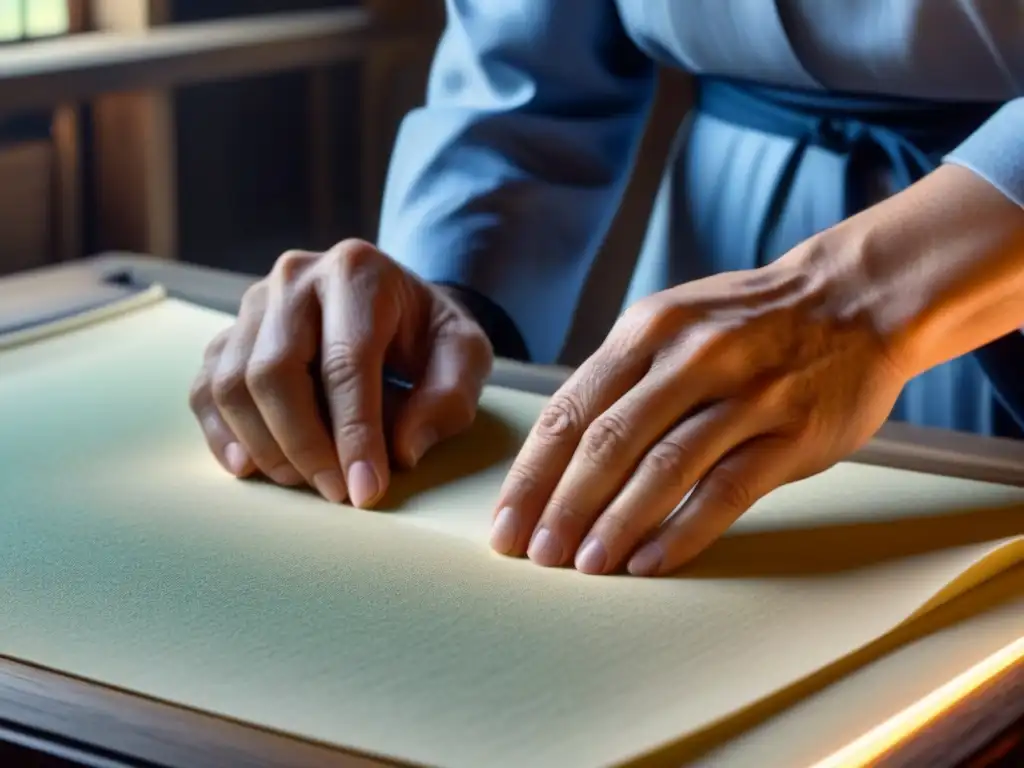 Arte ancestral: manos expertas crean washi japonés con precisión Artesano japonés elaborando papel washi con esmero y precisión en un taller sereno