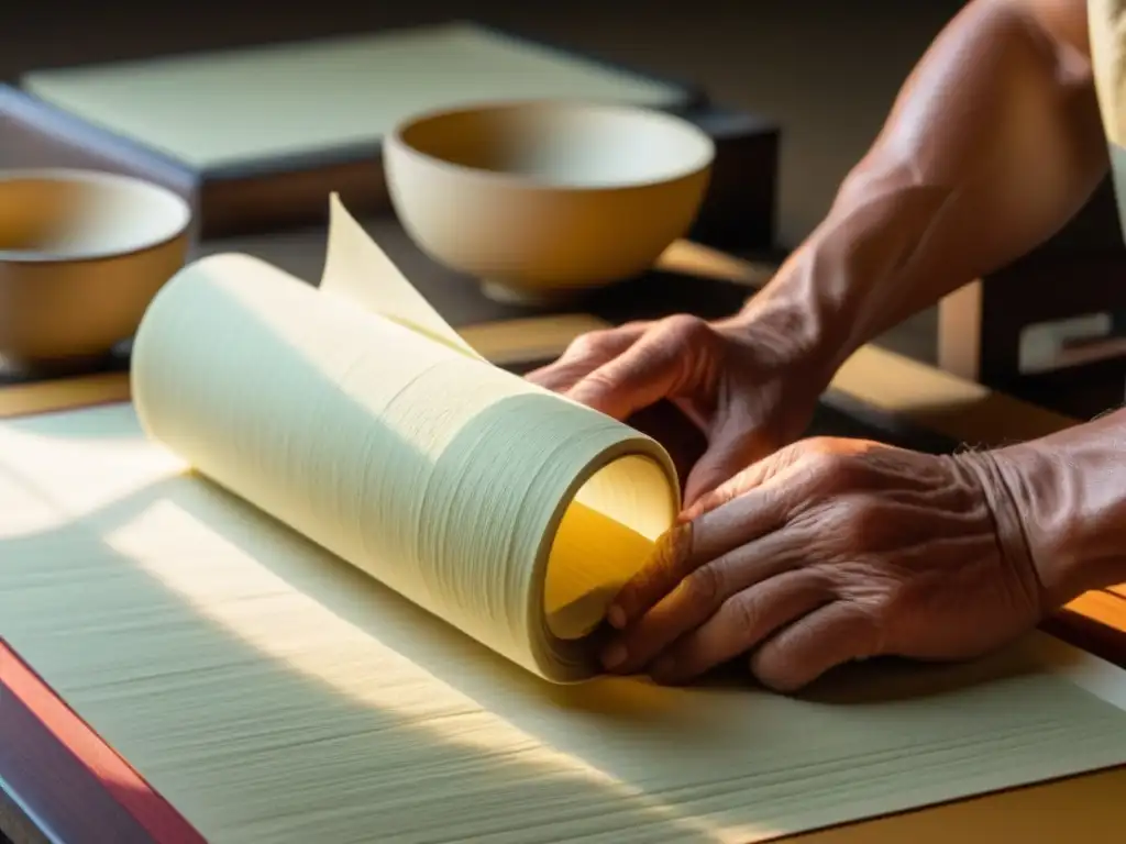 Arte japonés: creación meticulosa de papel washi Un artesano japonés elaborando papel washi con meticulosidad y destreza