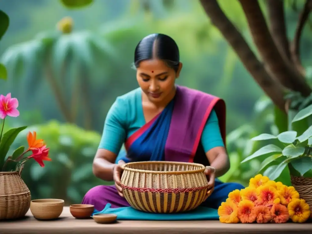 Un artesano local tejiendo una cesta tradicional en un entorno verde y floral, resaltando la belleza de las artes locales y el turismo sostenible