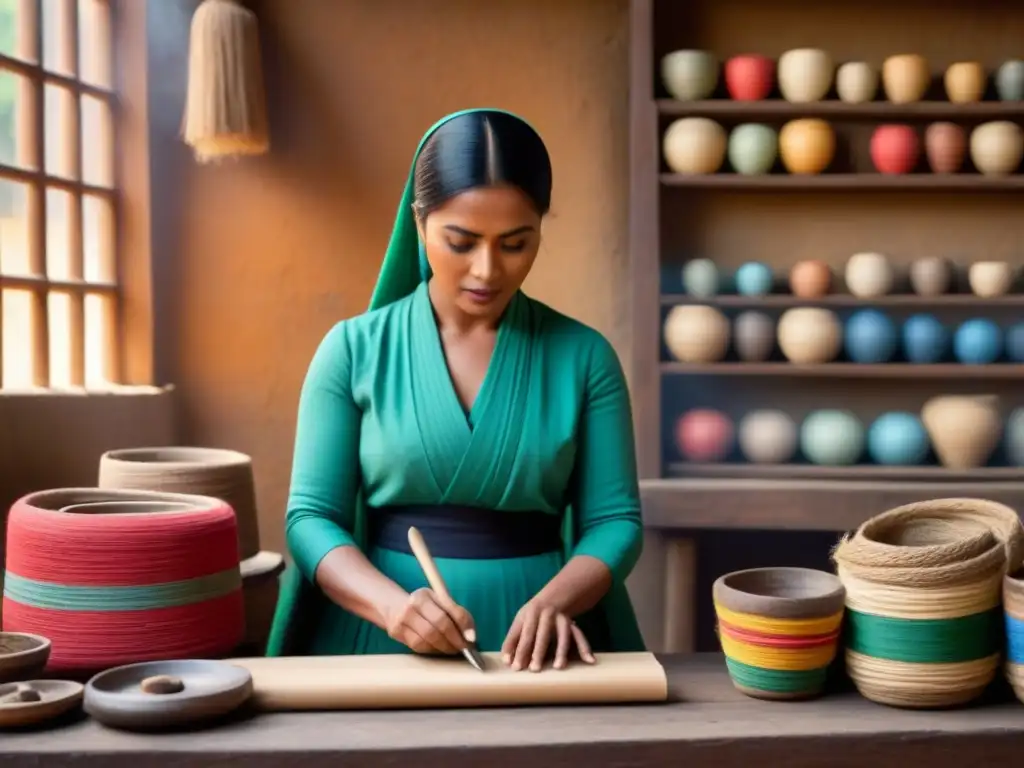 Un artesano local crea con dedicación en un taller tradicional vibrante, rodeado de artesanías coloridas y herramientas