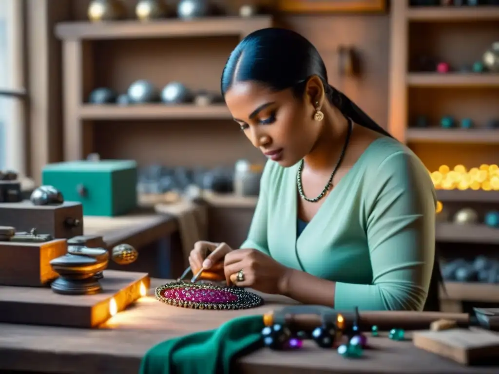 Un artesano local crea joyería única en su taller, rodeado de herramientas e gemas coloridas