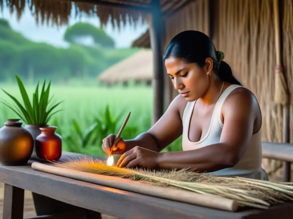 Artesanía tradicional en entorno rural sereno Un artesano rural sudamericano crea arte rodeado de naturaleza y coloridas artesanías