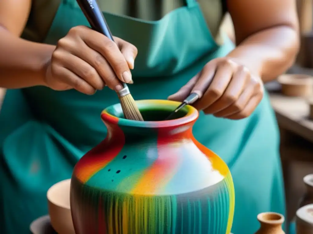 Artista local pintando un delicado diseño en un jarrón de cerámica rodeado de colores vibrantes y pinceles