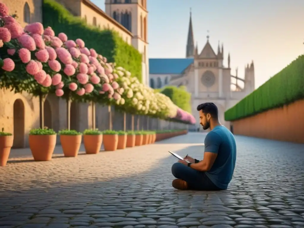 Un artista solitario dibuja una catedral en una calle europea con flores vibrantes en macetas terracota al atardecer