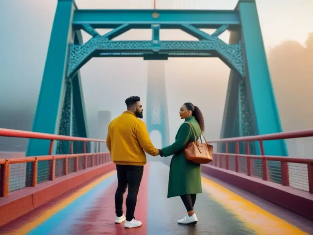 Puente cultural: artistas creativos unidos Dos artistas diversos, uno con pincel y paleta, el otro con micrófono, en un puente cultural de intercambios culturales a través del arte