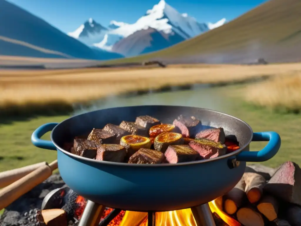 Un asado de cordero patagónico cocinándose a la parrilla con los sabores únicos de la cocina tradicional, enmarcado por los imponentes Andes nevados