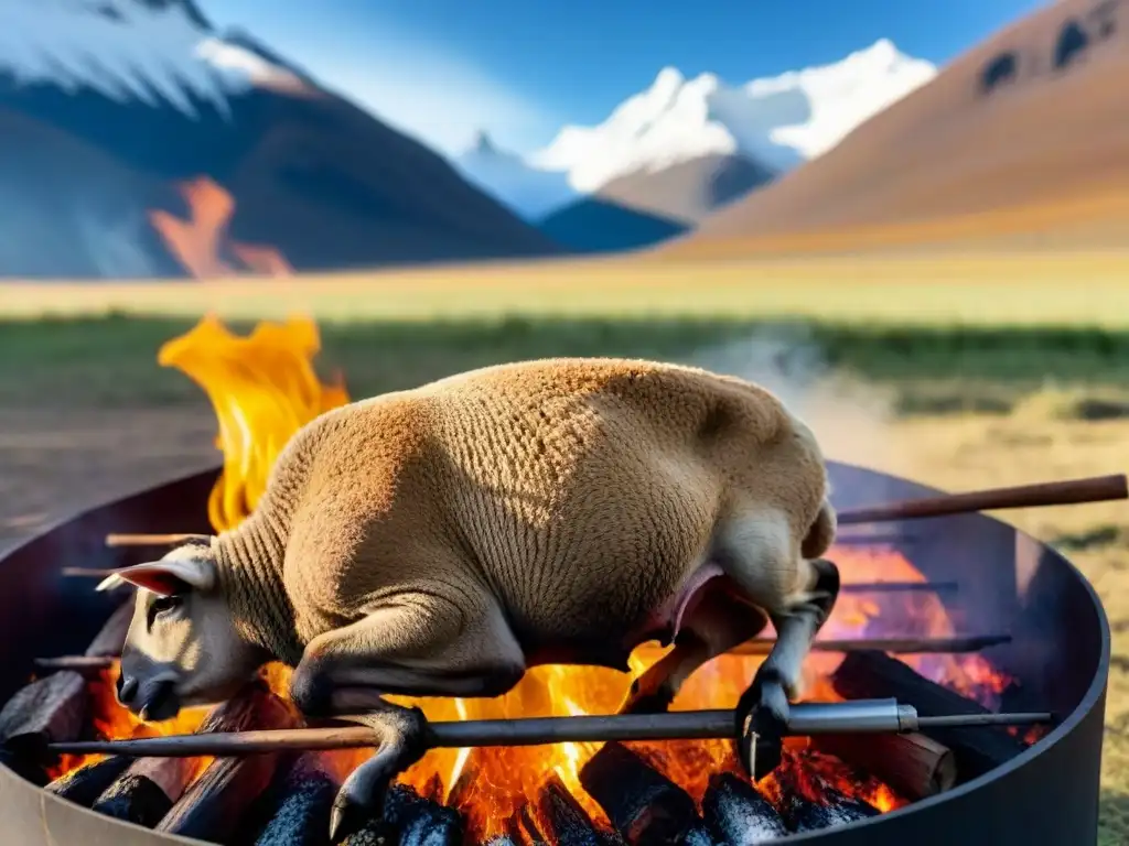 Un asado de cordero patagónico tradicional con sabores únicos, rodeado de picos andinos nevados