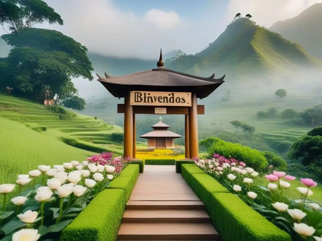Un ashram sereno en la India con un letrero 'Bienvenidos', flores y montañas, evocando paz y espiritualidad