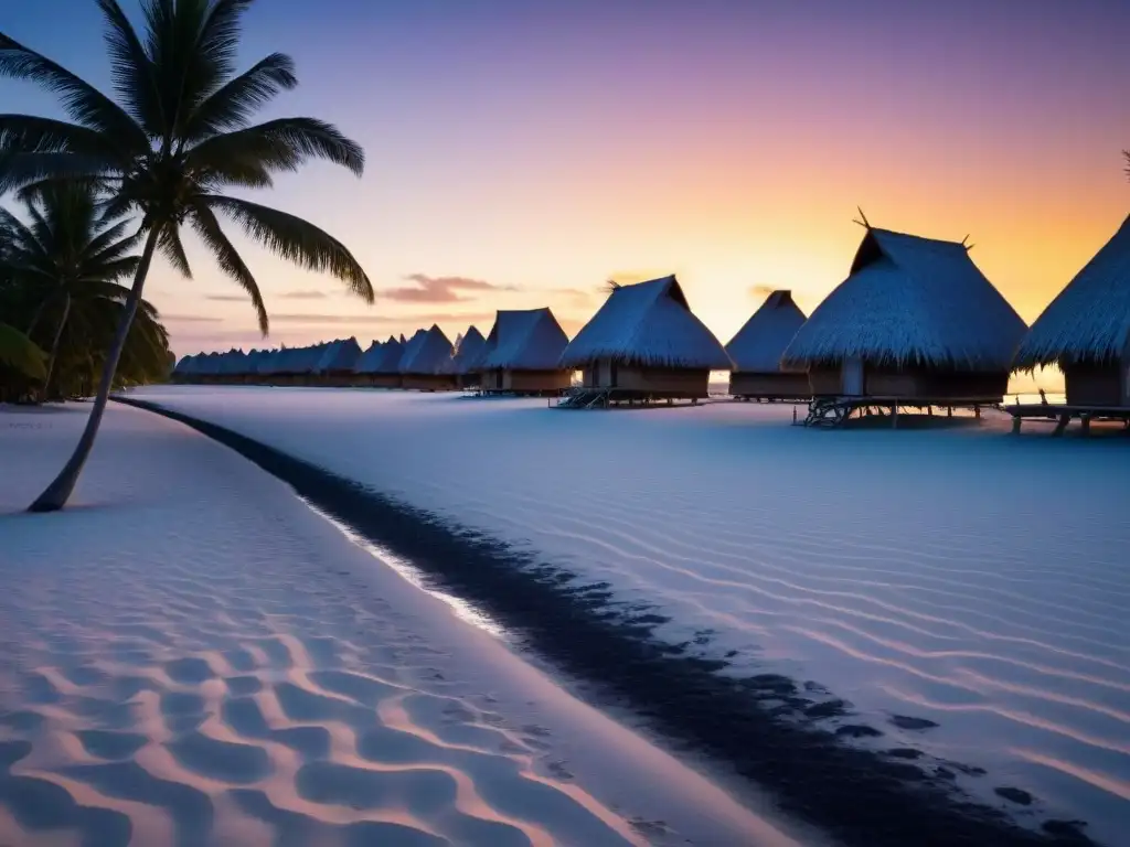 Vida tradicional en Kiribati al atardecer: artesanía y pesca en comunidad Atardecer en Kiribati: aldeanos tejiendo y pescando en una villa tradicional, reflejados en el mar