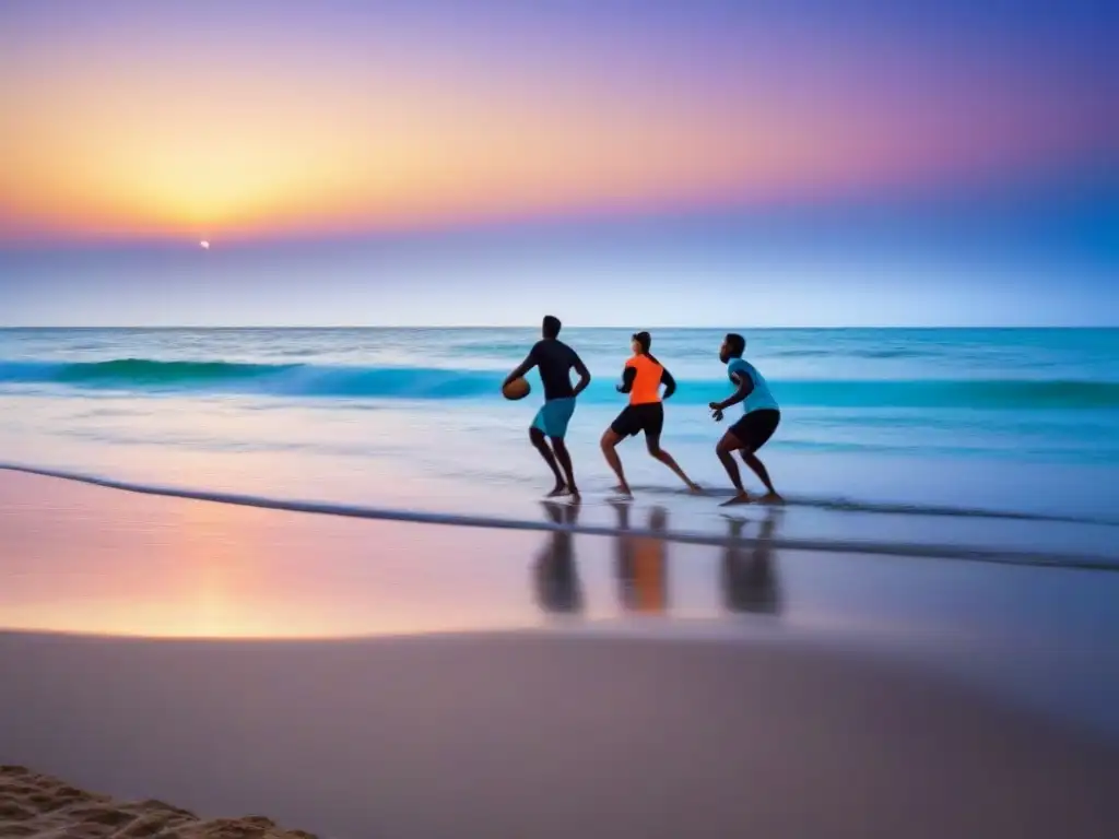 Un atardecer épico en la playa con personas de diferentes culturas jugando ultimate frisbee, reflejando diversión y conexión