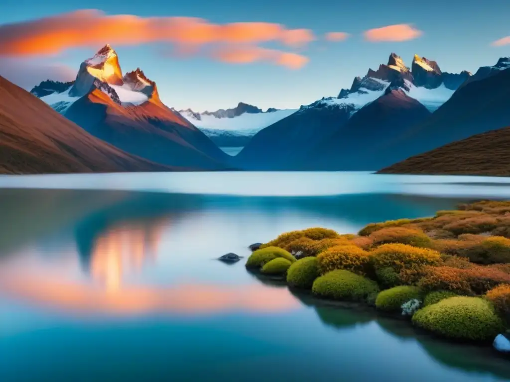 Un atardecer mágico en la Patagonia, con colores únicos que se reflejan en un lago sereno rodeado de montañas nevadas