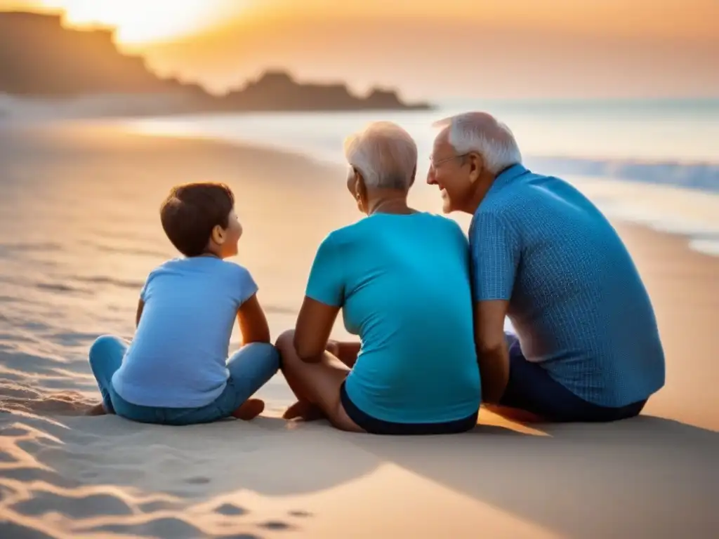 Un atardecer mágico en la playa con tres generaciones de una familia compartiendo risas y conexiones