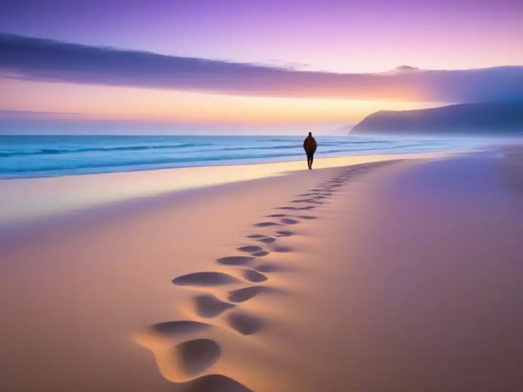Un atardecer sereno en una extensa playa de arena dorada, con la silueta de una persona caminando a lo lejos, iluminada por el sol