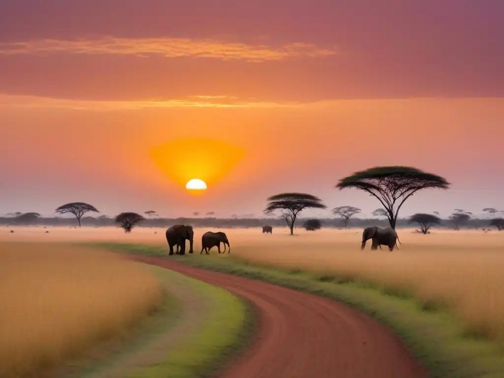 Atardecer sereno en la sabana africana con elefantes en silueta