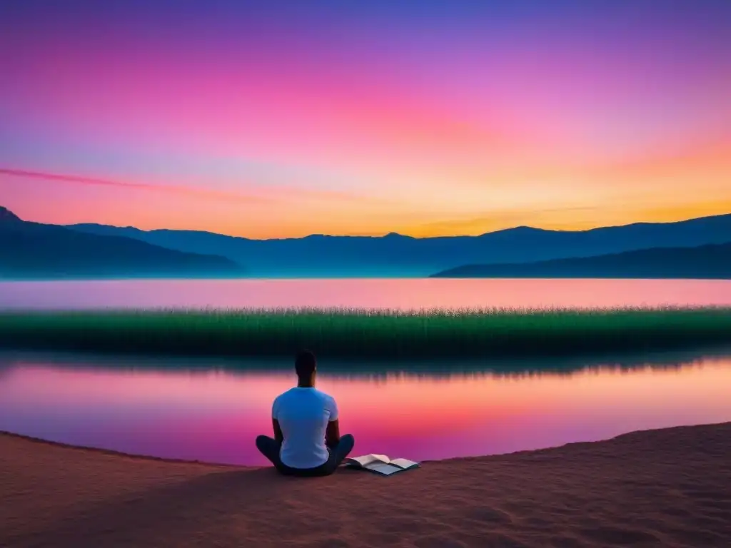 Inmersión tranquila: aprendiendo español al atardecer en el lago Un atardecer tranquilo en un lago refleja colores vibrantes mientras una persona lee un libro en español
