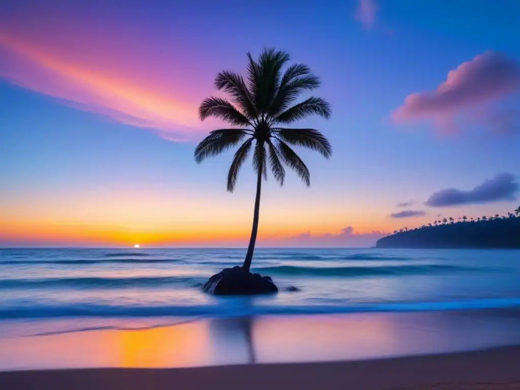 Un atardecer tranquilo en una playa tropical, con palmeras y un mar reflejando los colores del sol poniente