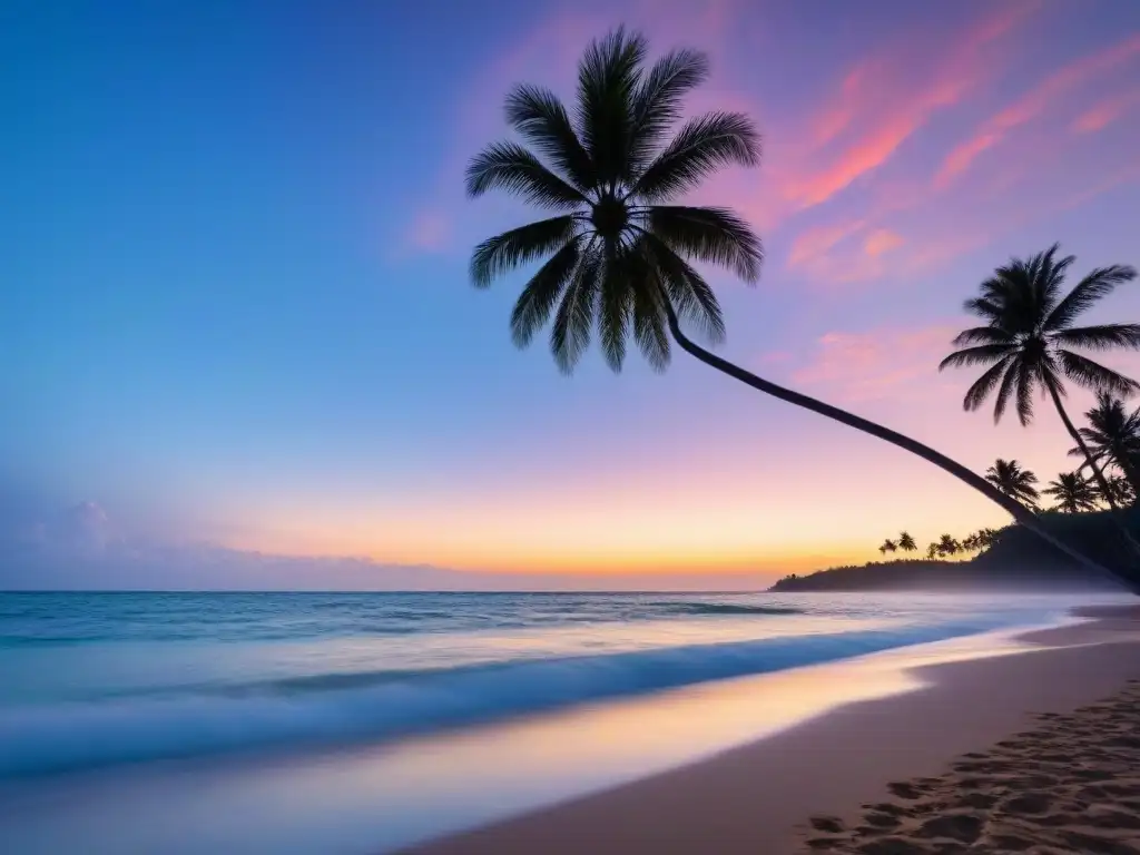 Un atardecer tranquilo en una playa tropical con palmeras, olas suaves y una figura solitaria, transmite belleza y serenidad